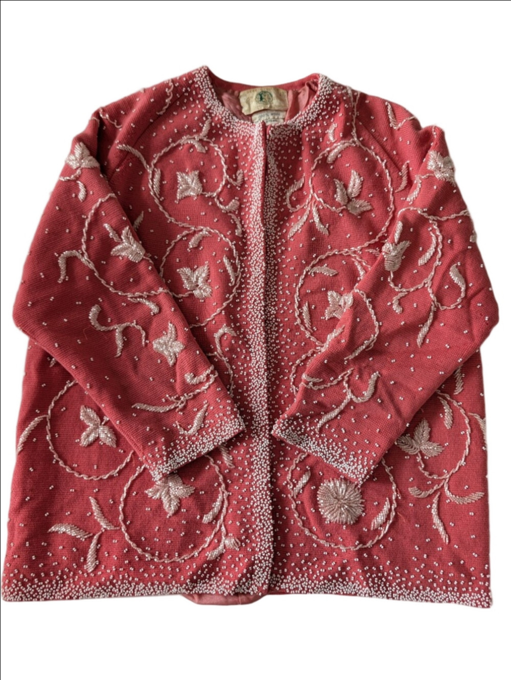Vintages Sweater Beaded Coral Pink Sweater Cardigan 3/4 Sleeves